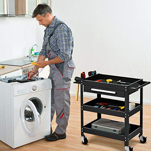 Goplus 3 Tier Rolling Tool Cart, 330 LBS Capacity Heavy Duty Utility Cart Tool Organizer with Storage Drawer, Industrial Commercial Service Tool Cart for Mechanics, Garage, Warehouse & Repair Shop