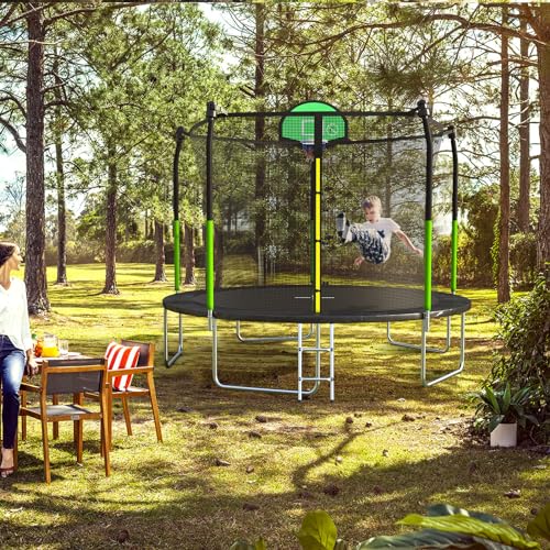 AOTOB 8FT 10FT 12FT 14 FT 15FT Trampoline with Safety Enclosure Net，Outdoor Trampoline with Basketball Hoop, Heavy Duty Jumping Mat and Spring Cover Padding for Kids and Adults, Storage Bag and Ladder