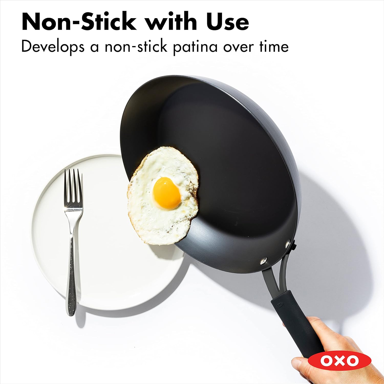 OXO Obsidian Pre-Seasoned Carbon Steel Induction Safe 12 Outdoor Frying Pan/Skillet with Silicone Sleeve, Black
