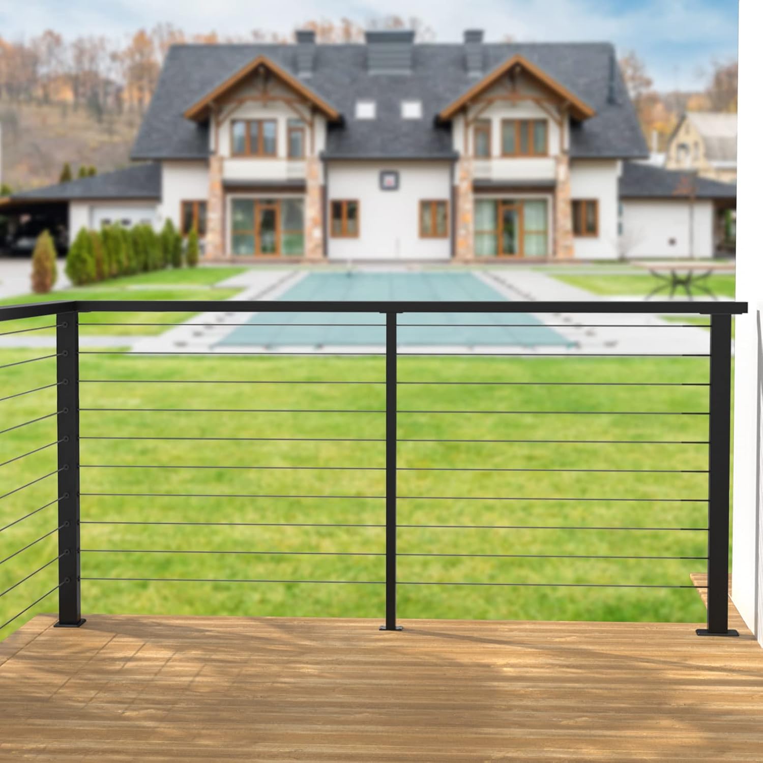 Muzata 4Pack Cable Railing Post Level-drilled Post with Flat top 36''x2''x2'' Black Square Weldless Stainless Steel Pre-Drilled for Wood Concrete Surface Mount Deck PS02 BH4S, PT1 PT2 PT6