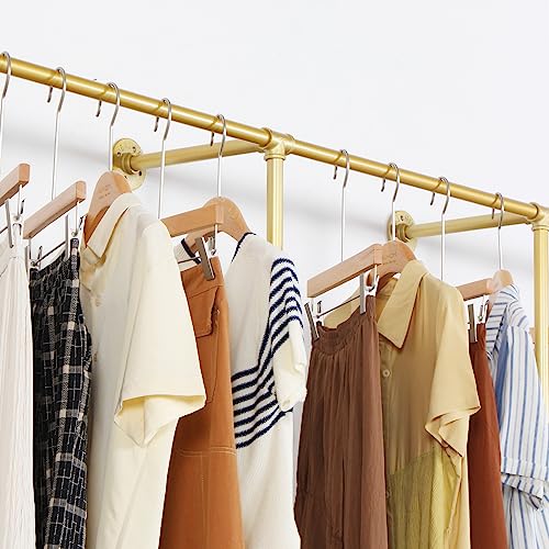 Wall Mounted Gold pipe clothing rack with 3 T-Bar Design and Nano Gold Finish with 2 Wooden Shelves Heavy Duty Wall Mounted Gold Iron Garment Bar for Retail Display and Closet Storage