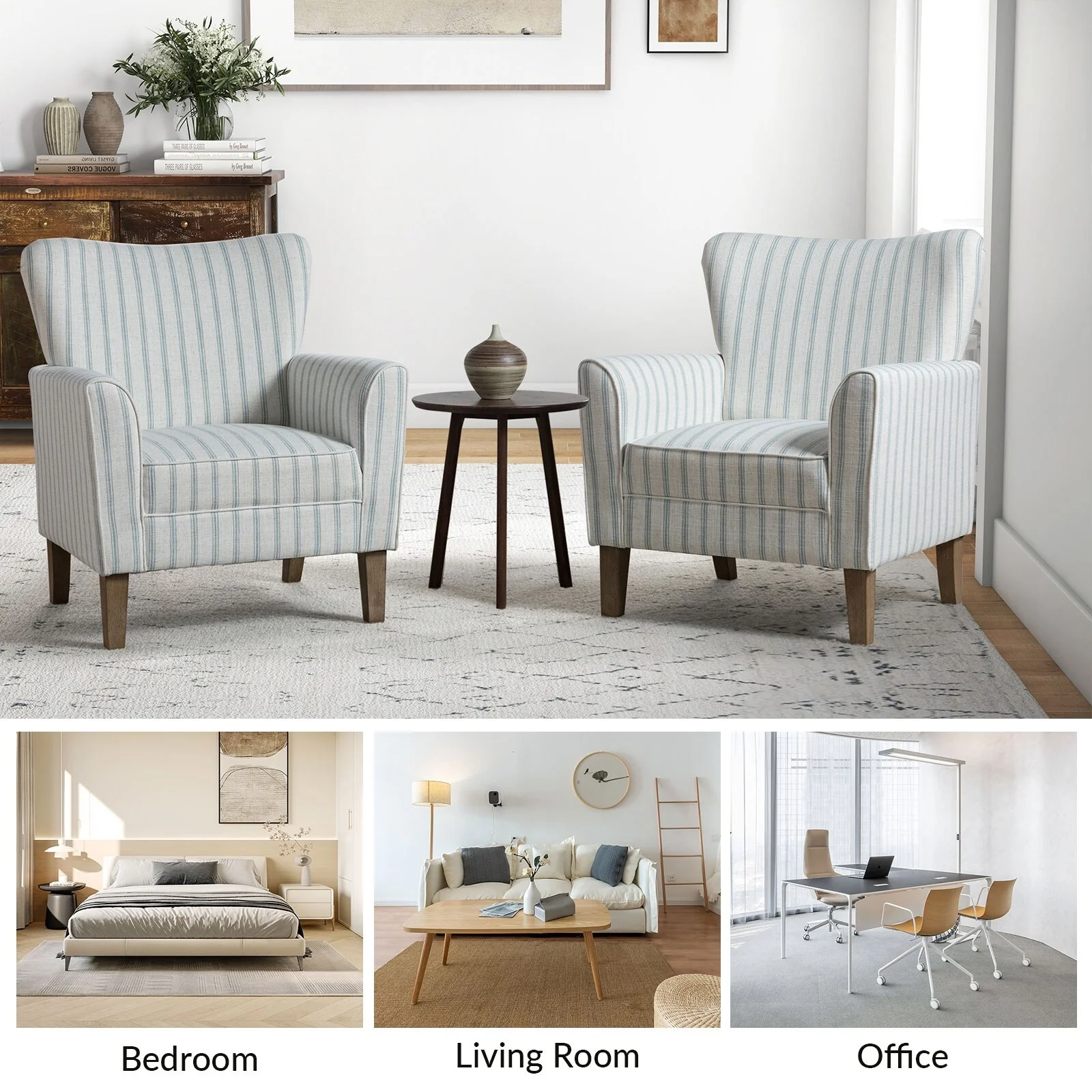 HULALA HOME Warren Farmhouse Striped Wingback Chair with Solid Wood Legs Set of 2 by  BLUE