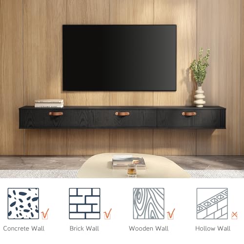 WAMPAT Floating TV Stand,Wall Mounted, Wood Media Console Entertainment Center with Cabinet, 70 inch floating tv shelf for Living Room, Bedroom,Black