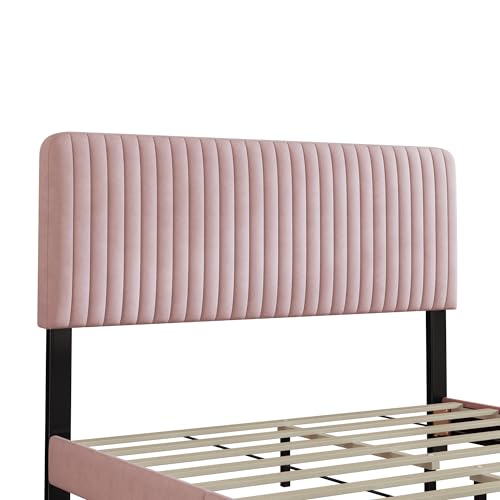 SOFTSEA 3-Piece Queen Bedroom Set, 3 Pieces Furniture Bedroom Sets Include Queen Size Upholstered Platform Bed and 2 Nightstands, Velvet Nightstands with Marbling Worktop and Metal Legs&Handles, Pink