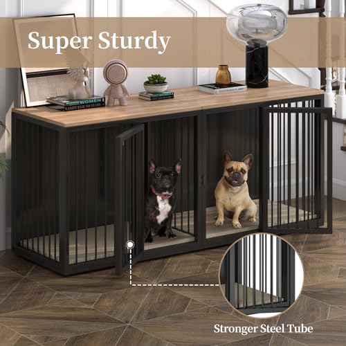 Large Dog Crate Furniture for 2 Dogs, 71.6'' All Steel Frame Dog Crate with Double Doors, Heavy Sturdy Dog Kennel for Small Medium Large Dog, Indoor Double Dog Cage with Wooden Top (White)