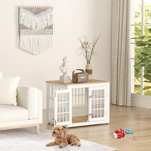 48 Inch Heavy Duty Dog Crate Furniture for Large Dogs, Decorative Pet House End Table, Extra Large Wooden Cage Kennel Furniture Indoor, Natural and White