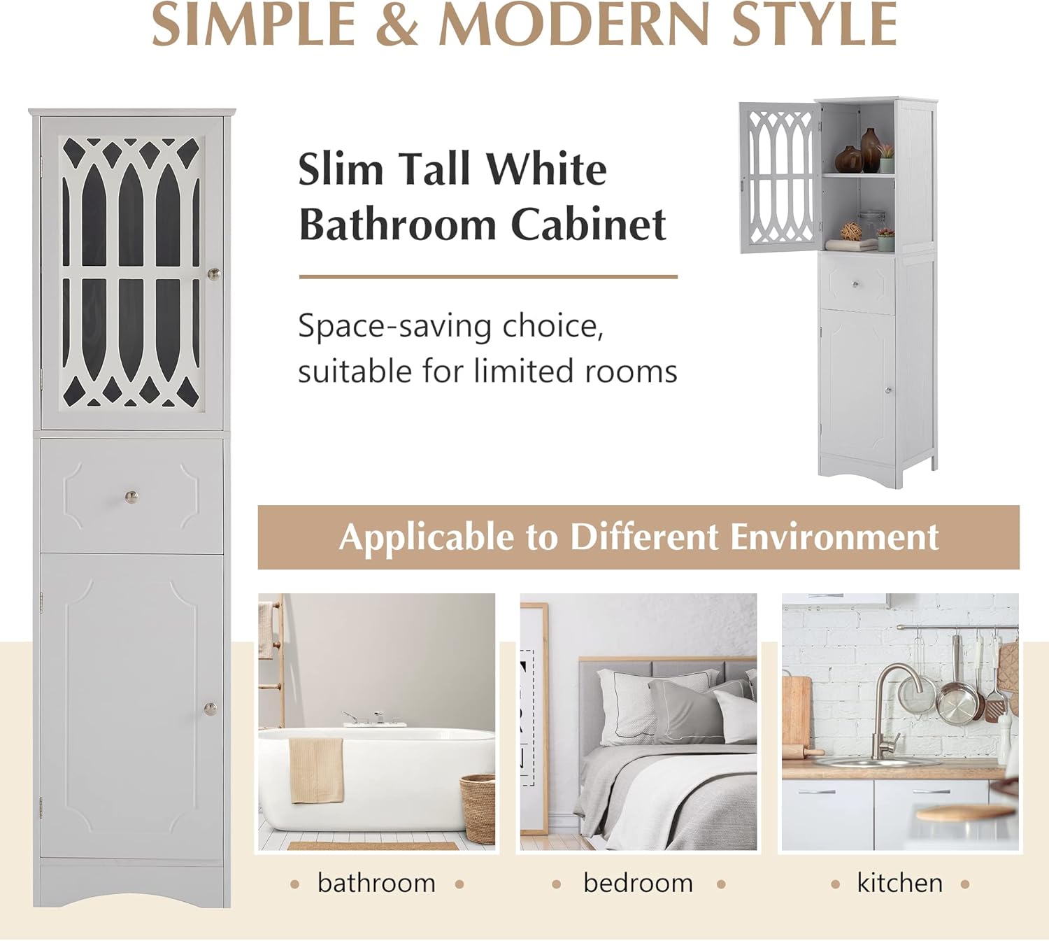 Merax Slim Tall Bathroom Storage Cabinet with Adjustable Shelf, Drawer and 2 Doors, Freestanding Linen Tower, 16.5" L x 14.2''W x 63.8''H, White
