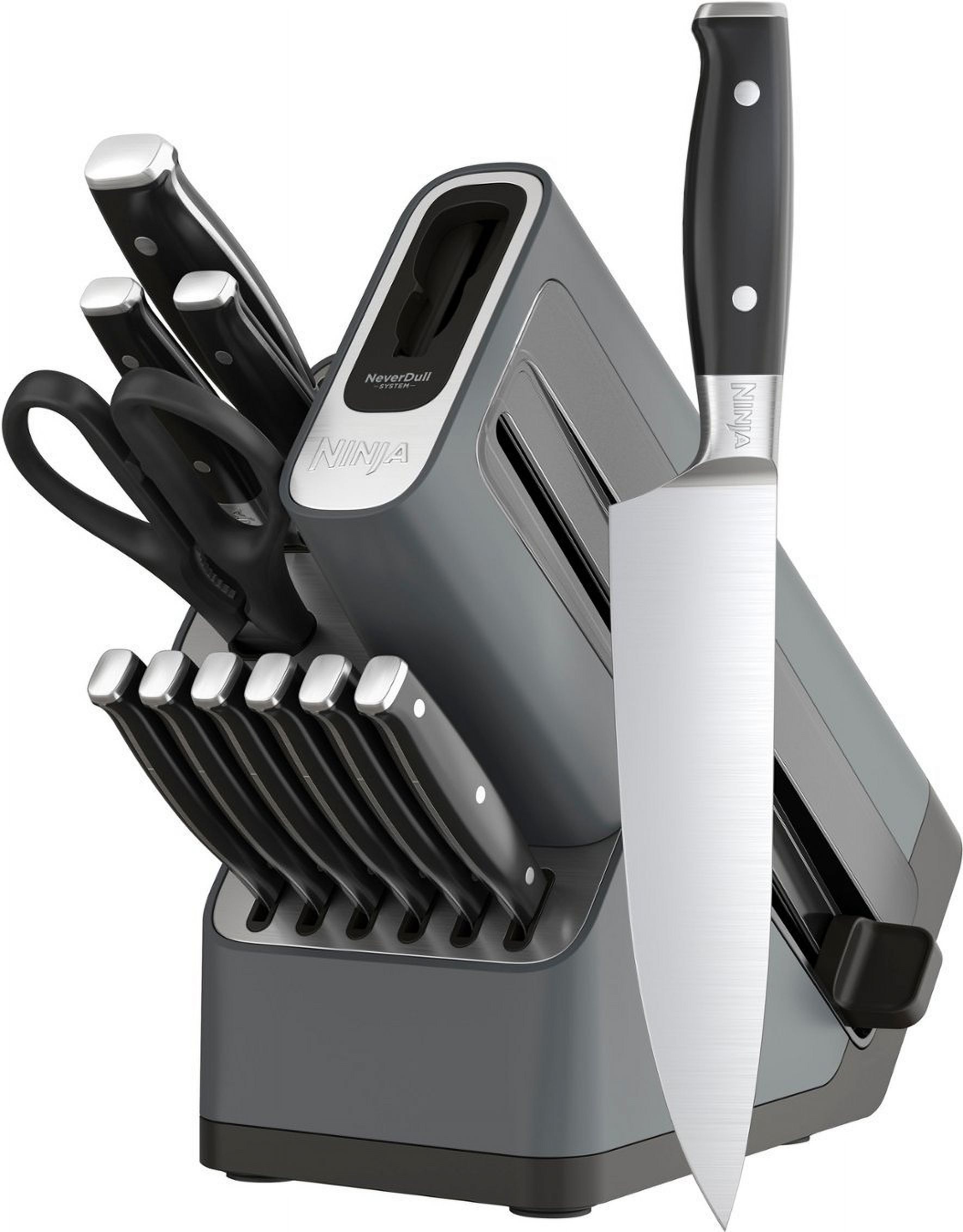 Open Box Ninja K32012 Foodi NeverDull Premium Knife System, 12 Piece Knife Block Set with Built-in Sharpener, German Stainless Steel Knives, Black