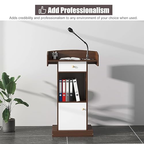 Lectern Podium Stand, Floor Standing Podiums Reception Desk with Drawer Wooden Speaking Podium for School/Restaurants/Classroom Hotel Meeting Rooms (Brown)