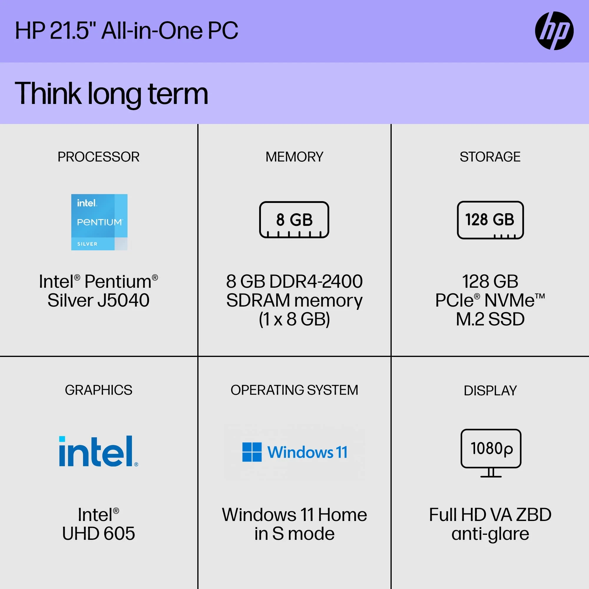 HP 21.5 All-in-One PC, Intel Pentium, 8GB Memory, 128GB SSD, Windows 11 Home S mode, White, 22-dd0143w