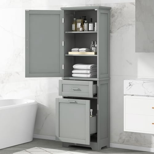 Tall Bathroom Storage Cabinet, Narrow Storage Cabinet, Freestanding Linen Cabinet with Two Different Size Drawers and Adjustable Shelf, Tall Cabinet Storage for Bathroom，Living Room (White)