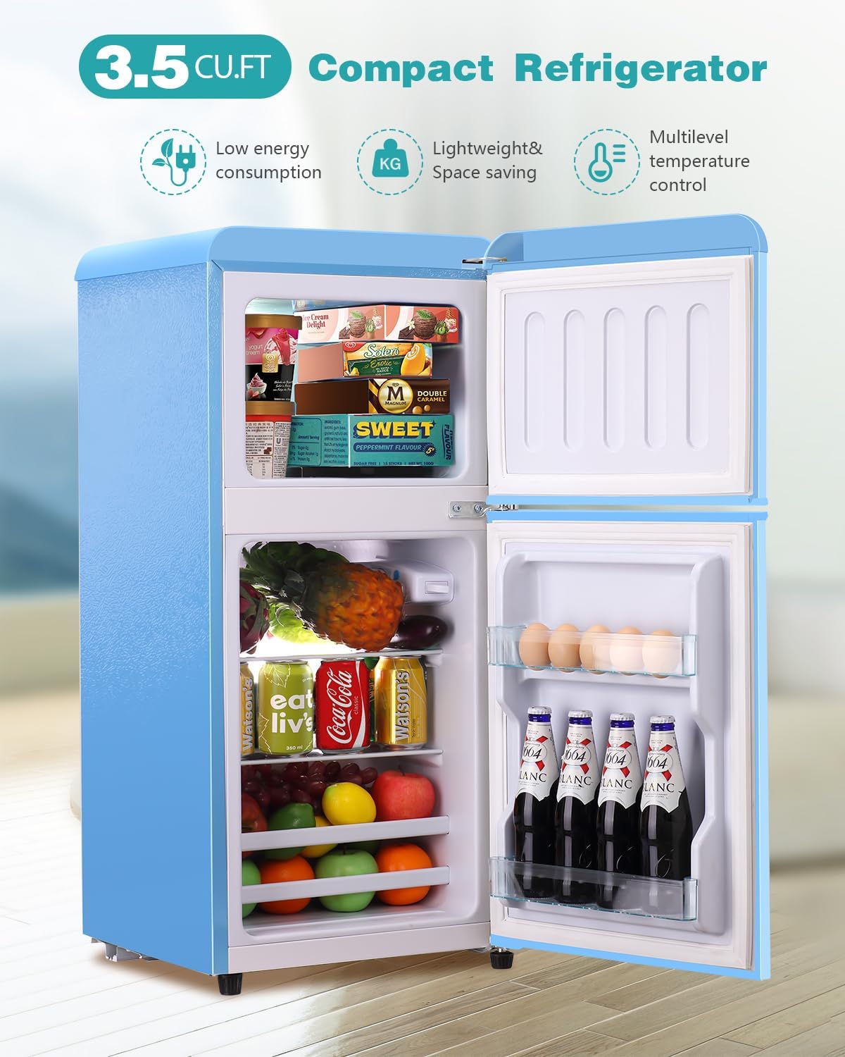 FLS-80-Blue 3.5Cu.Ft Compact Refrigerator, Small Refrigerator with freezer, Retro Fridge with Dual Door, 7 Level Adjustable Thermostat for Garage, Dorm,Bedroom, Office, Apartment