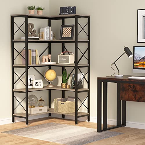 Tribesigns 5-Shelf Corner Bookshelf, Large Modern Corner Bookcase, 5-Tier Tall Corner Shelf Storage Display Rack with Metal Frame for Living Room Home Office (Grey)