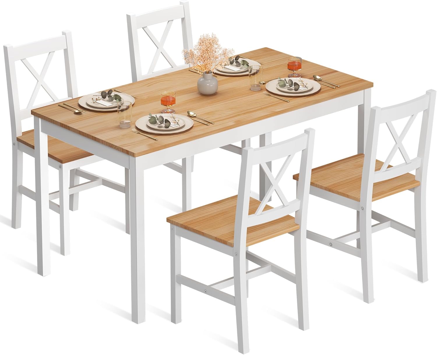 sogesfurniture 47.2" 4-Person Dining Table Set, 5 Pieces Pine Wood Kitchen Table with 4 Chairs,Indoor Modern Rectangular Dining Table Furniture Set for Kitchen, Dining Room, Dinette, Breakfast Nook