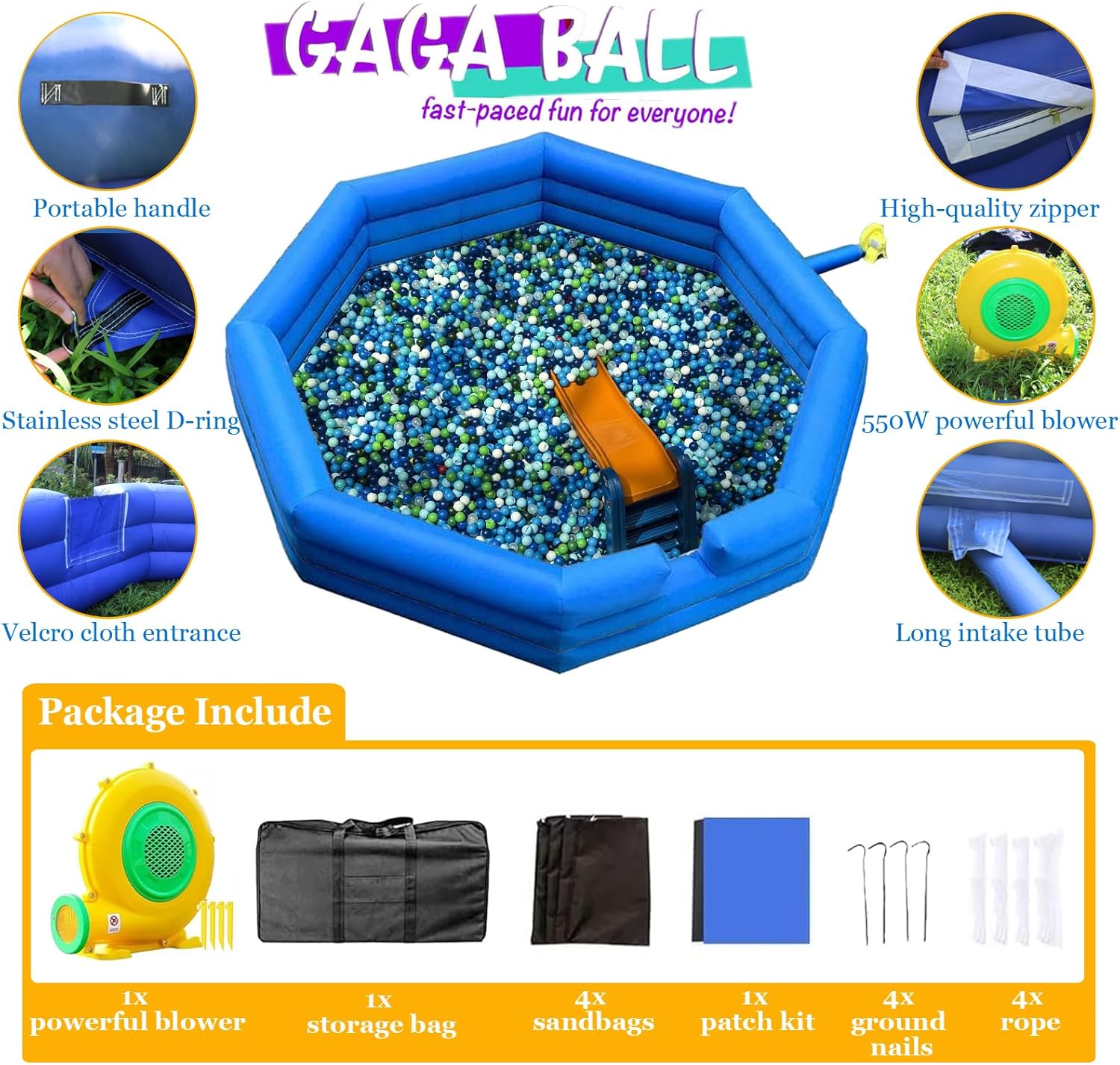 Heavy Duty Gaga Ball Pit Inflatable Gagaball Court with Electric Blower - Inflates Under 2 Minutes - Indoor Outdoor Gaga Ball Pit kit Foldable for Recess Playground Summer Camp Activities, 15FT