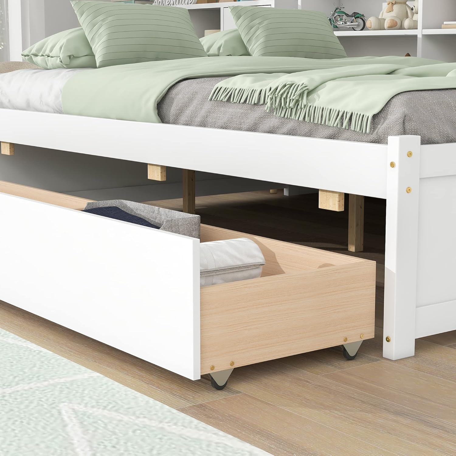 Harper & Bright Designs Full Size Daybed with Storage Bookcase and 2 Drawers, Wood Full Platform Bed with Sideboard, Full Sofa Bed Frame for Bedroom, Living Room (Full, White)