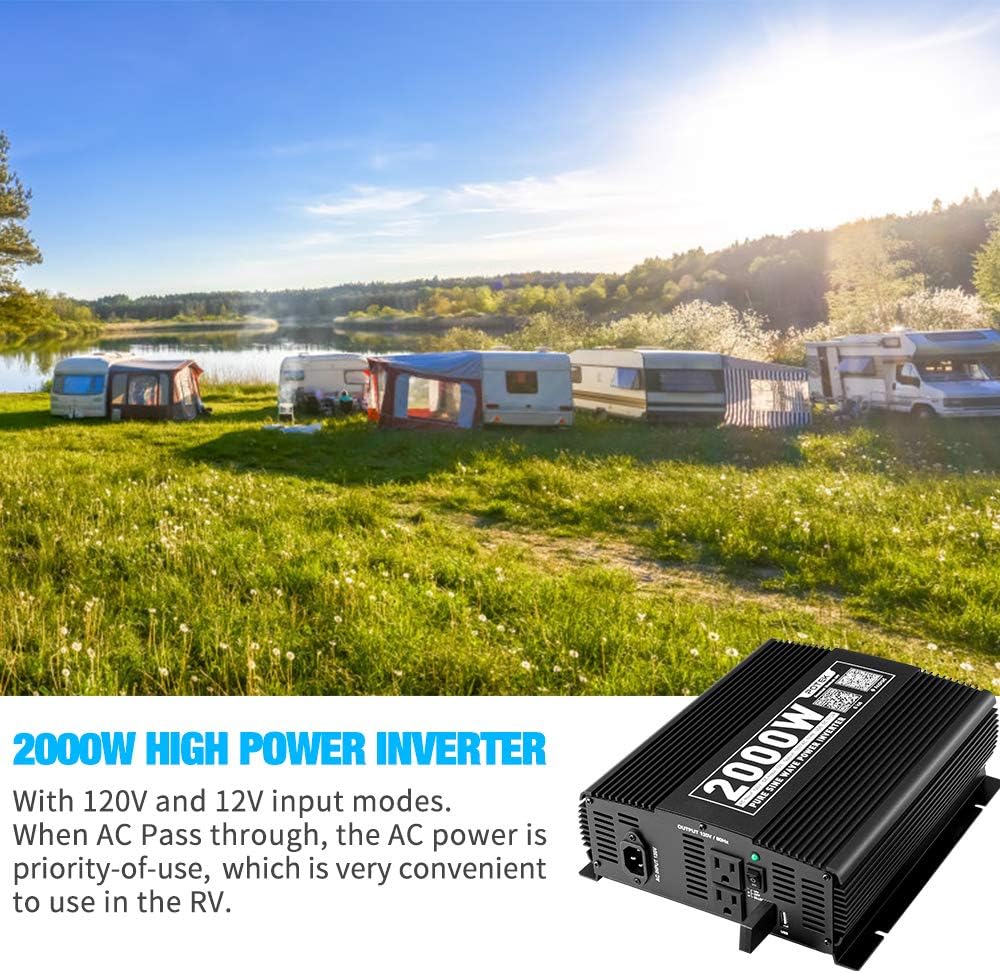 POTEK 2000W Pure Sine Wave Inverter with Automatic Transfer Switch 12V DC to 120V AC and Bluetooth