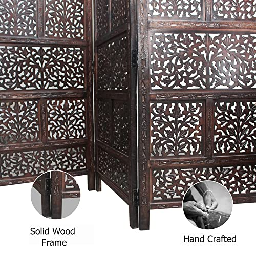 Room Divider Wood Screen - Ghanti Bells Antique Brown - 4 Panel Folding 72 x 80 - Assembled Hand Carved Decorative Functional Versatile Portable Partition Reversible Privacy Boho - COTTON CRAFT