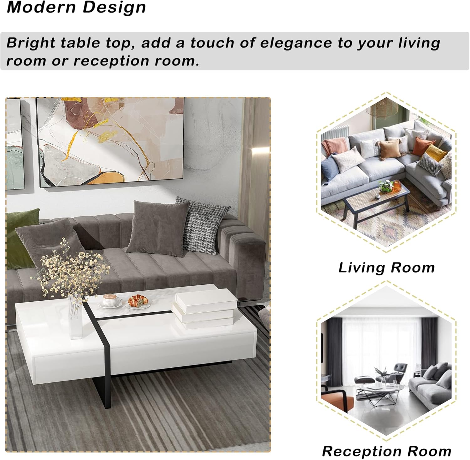 Merax Contemporary Rectangle Coffee Table, Modern High Gloss Surface, Living Room Furniture, White and Black