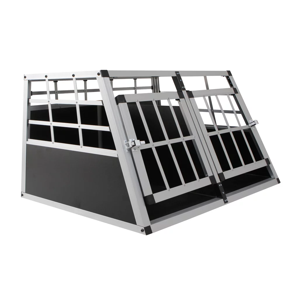 Double Doors Pet Car Transport Cage, Aluminium Puppy Travel Crate Box, Trapezoidal Kennel Dog Cat Carrier Cage