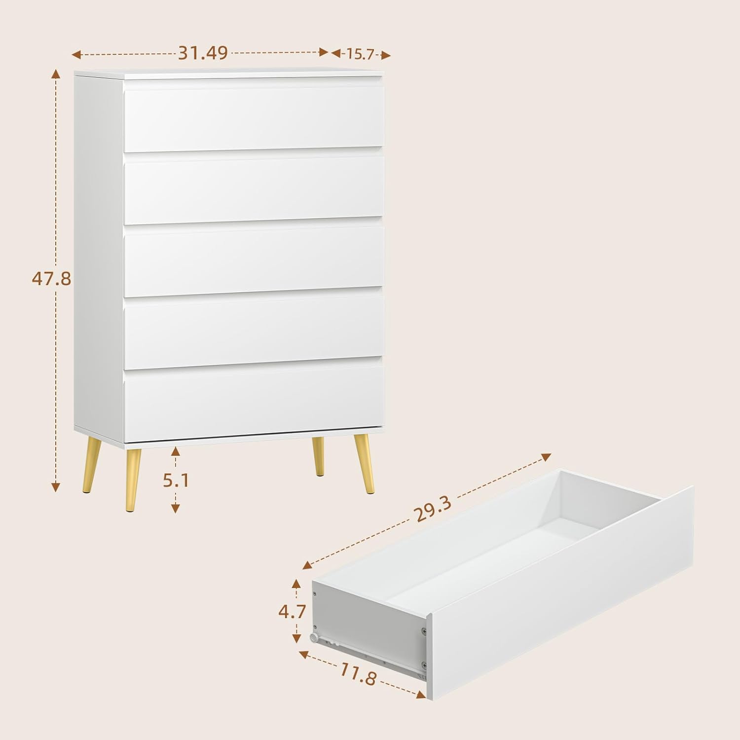 Dresser for Bedroom with 5 Drawers, Wide Chest of Drawers with Smooth Metal Rail, Clothing Organizer with Large Storage Space, Storage Cabinet for, Closet, Hallway