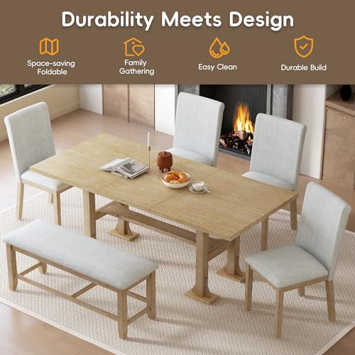 Farmhouse Kitchen Table Set with 1 Upholstered Bench and 4 Dining Chairs, 6-Piece Wood Dining Table Set for Kitchen, Dining Room, Dinette, Breakfast Nook, Grey + White
