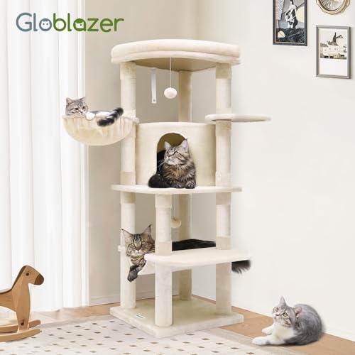 Globlazer Corner Cat Tree for Large Cats, 66inch Tall Curved Series Large Cat Tower for Multiple Indoor Cats with 6 Scratching Posts, 2 Spacious Cat Condos, Hammock, Hanging Basket, C66, Beige
