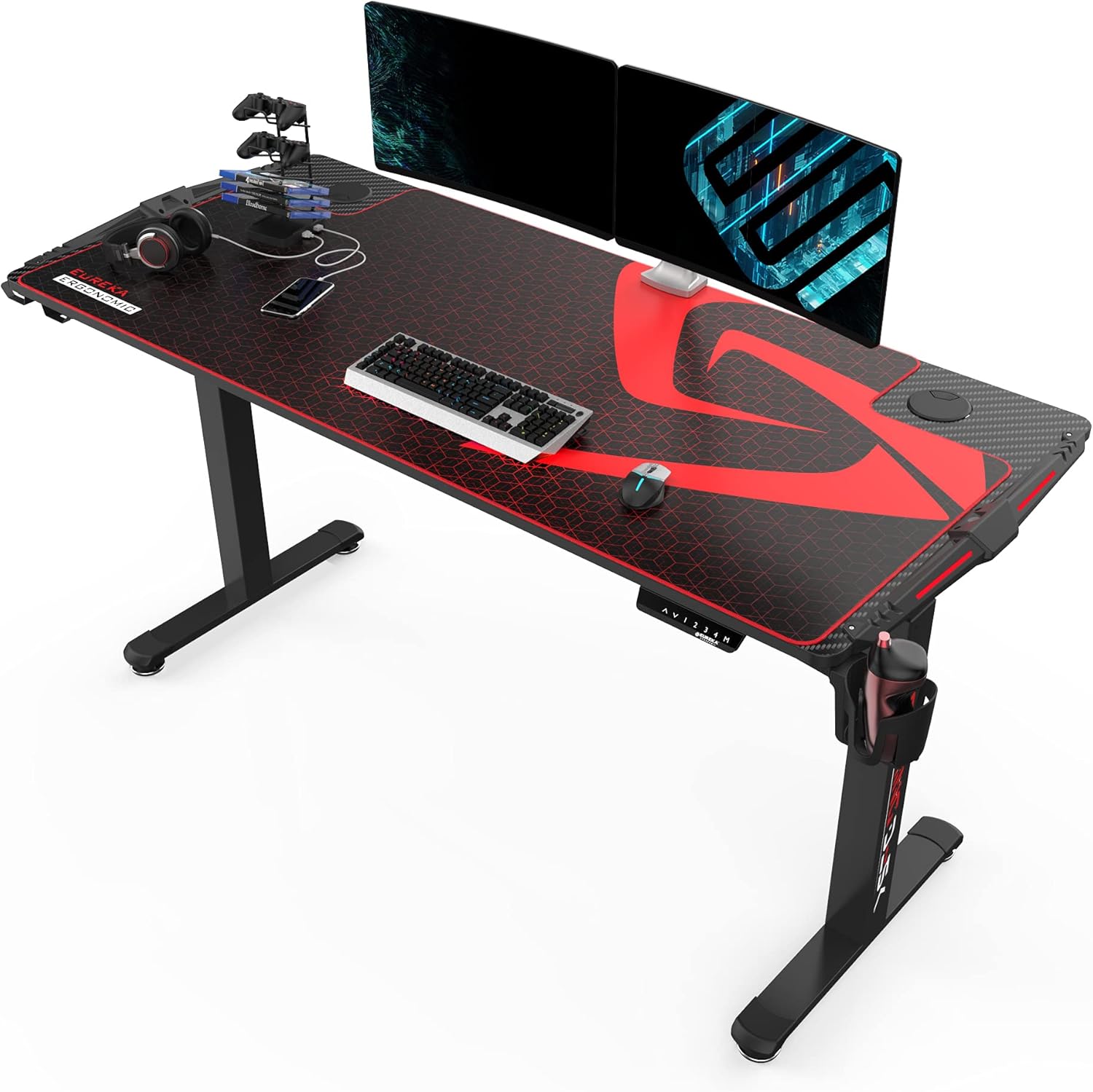 EUREKA ERGONOMIC 65 inch Electric Height Adjustable Standing Desk,Large Gaming Computer Desk with RGB LED Lights,Free Large Extended Gaming Desk mat for Gaming and Home Office,Black