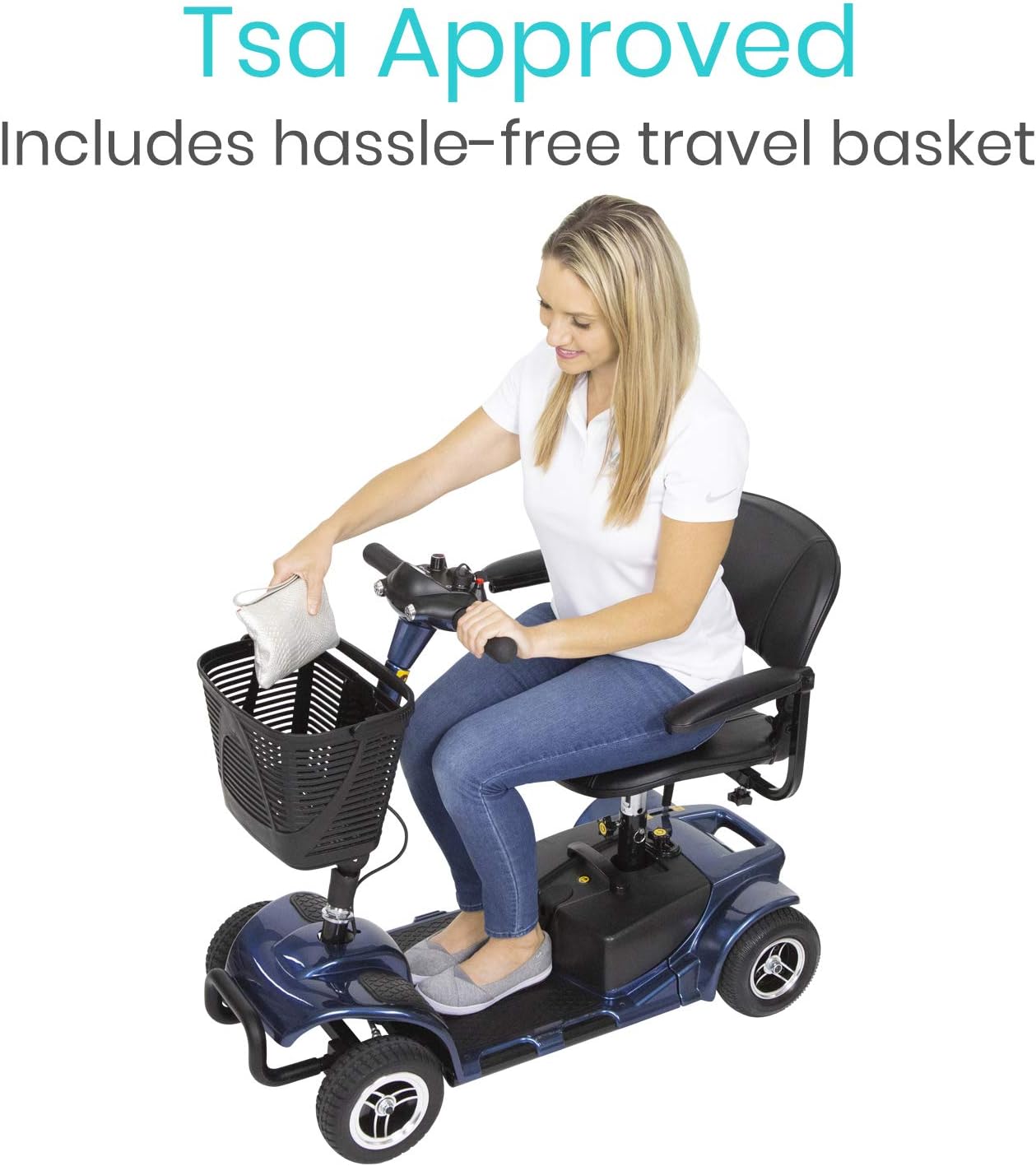 Vive 4 Wheel Mobility Scooter - Electric Powered Wheelchair Device - Compact Heavy Duty Mobile for Travel, Adults, Elderly - Long Range Power Extended Battery with Charger and Basket Included