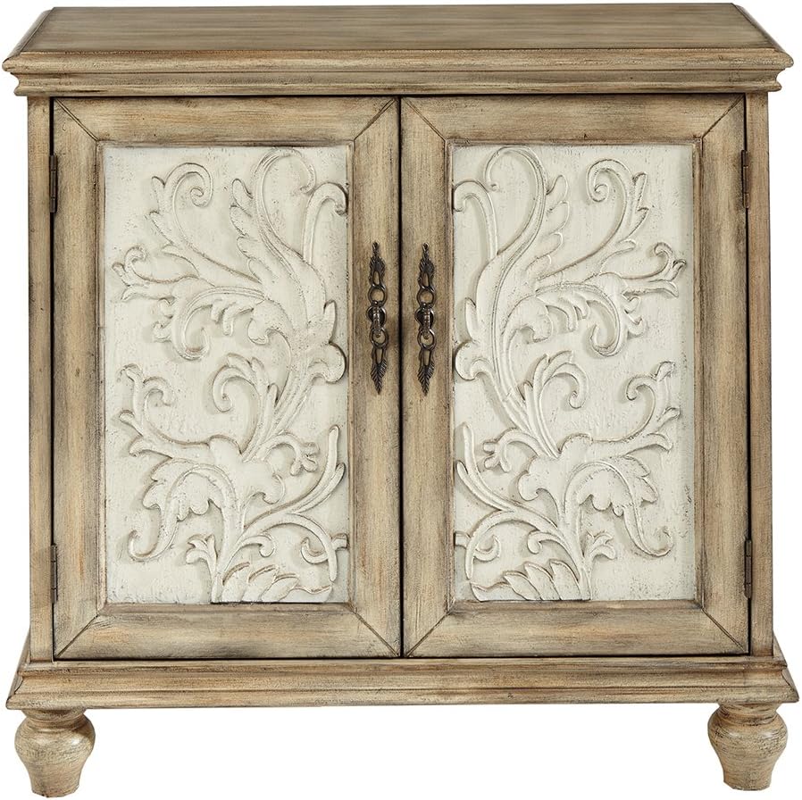 Elegant Floral Carved 2-Door Accent Cabinet with Adjustable Shelf, Natural Wood Finish, Sturdy Solid Wood Legs, Home Organizational Furniture, Stylish Farmhouse Design, Spacious Interior