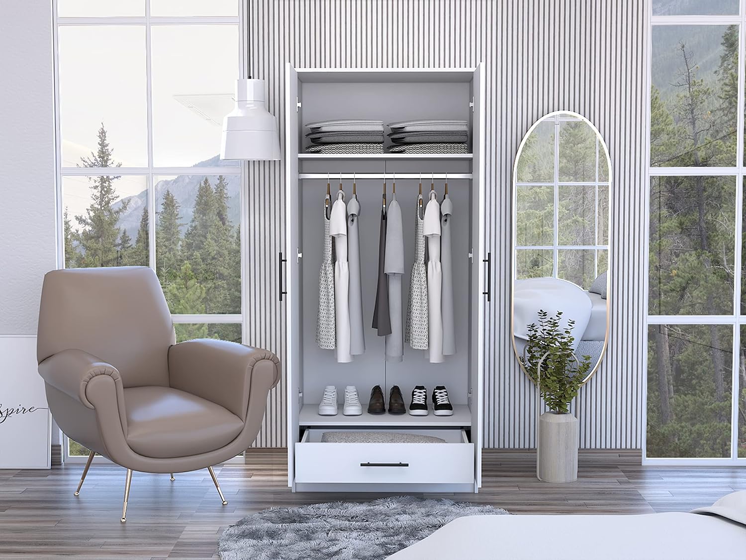 Darwin 180 Armoire with Double Doors, Metal Rod, Top Shelf, and Drawer, White