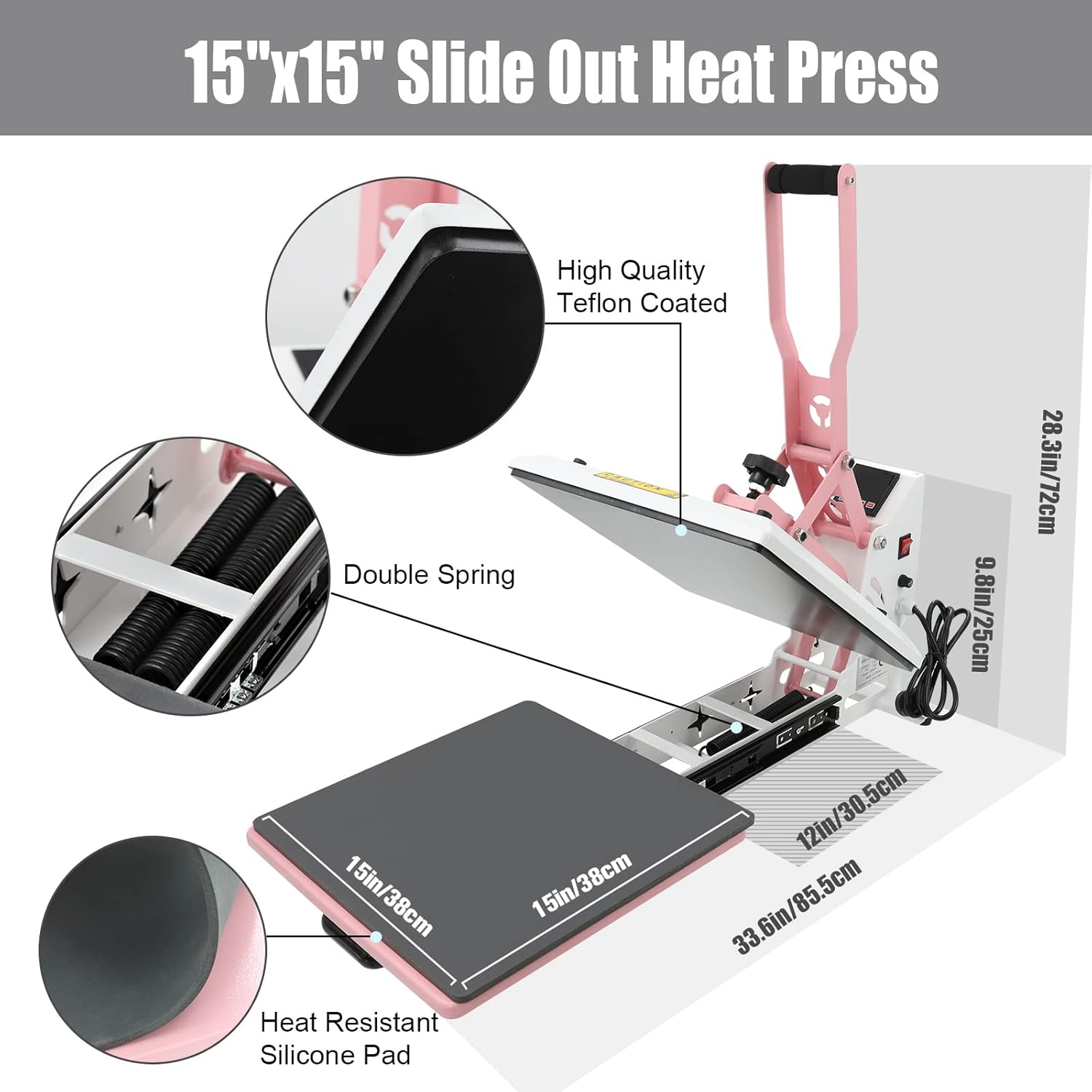 BetterSub Heat Press 15x15 inch Digital Heat Press Machine, Slide out Industrial Quality T-Shirt Heat Transfer Machine Pink White