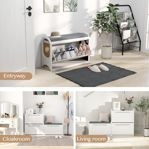 Shoe Bench with Storage,Shoe Rack Bench for Entryway,Rattan Shoe Bench with Seating,Boho Shoe Organizer Bench with Shelf,Wooden Storage Bench for Hallway and Bedroom,White