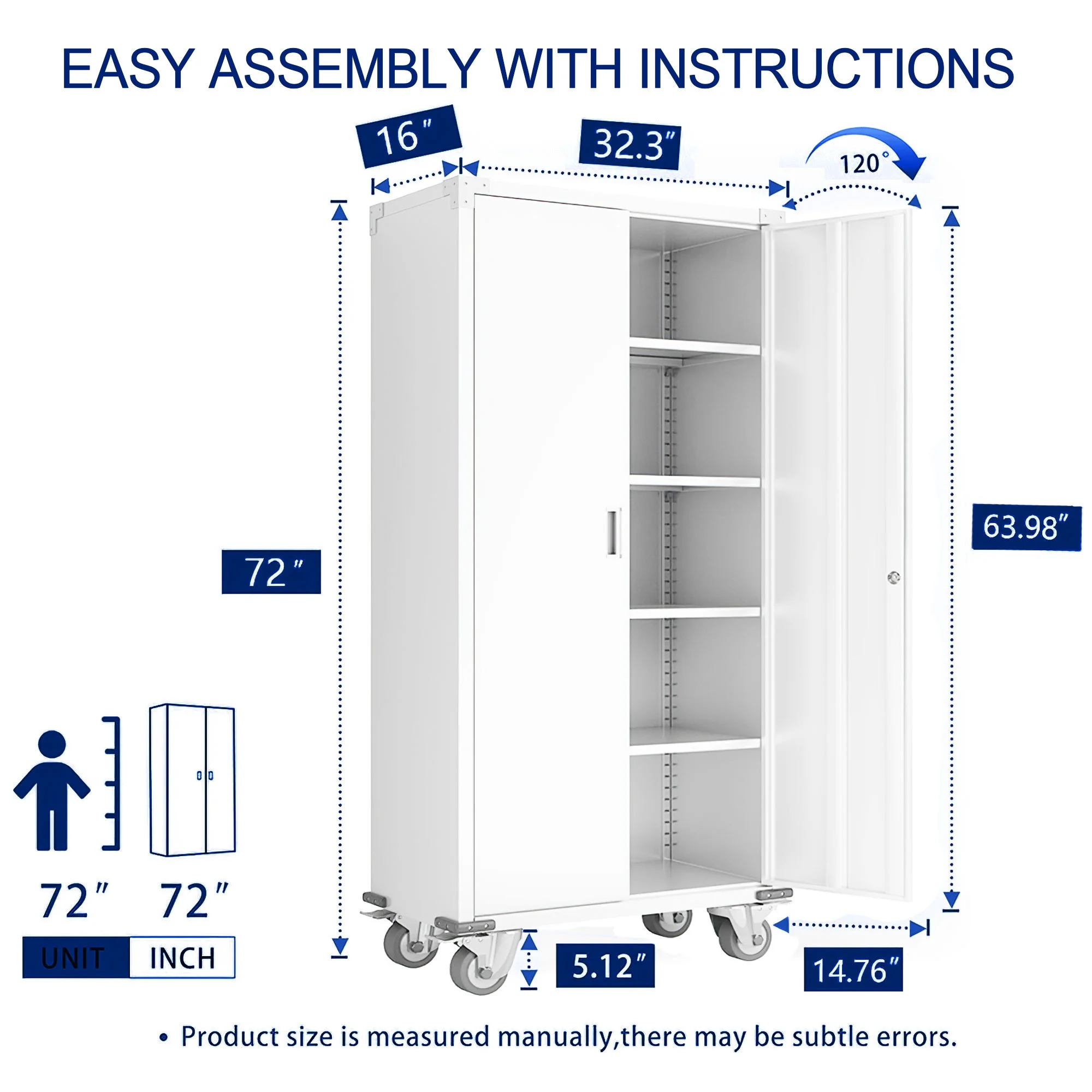 AOBABO 72” Locking Metal Garage Storage Cabinet w/Wheels & Pegboards, White