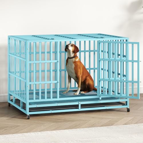 48 Inch Heavy Duty Indestructible Dog Crate Steel Escape Proof, Indoor Double Door High Anxiety Cage, Kennel with Wheels, Removable Tray, Extra Large XL XXL