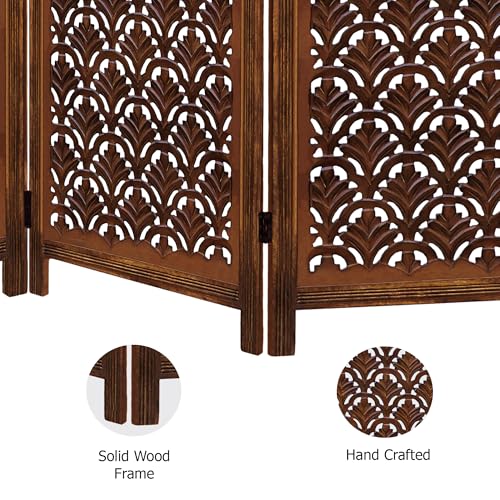 Room Divider Wood Screen - Ghanti Bells Antique Brown - 4 Panel Folding 72 x 80 - Assembled Hand Carved Decorative Functional Versatile Portable Partition Reversible Privacy Boho - COTTON CRAFT