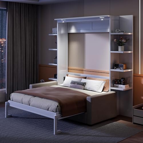 Polibi Queen Size Murphy Bed - Multi-Functional Wall Bed with Sofa Cushion, Folds into Cabinet, Ideal for Guest Room/Home Office/Gym, Gray