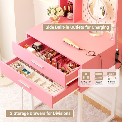 Small Vanity Desk with Hutch and Drawers, Pink Makeup Vanity Desk with Charging Station, Vanity Table Dressing Table with LED Lights, Vanity Desk No Mirror with Pegboard for Girls Women, 24"