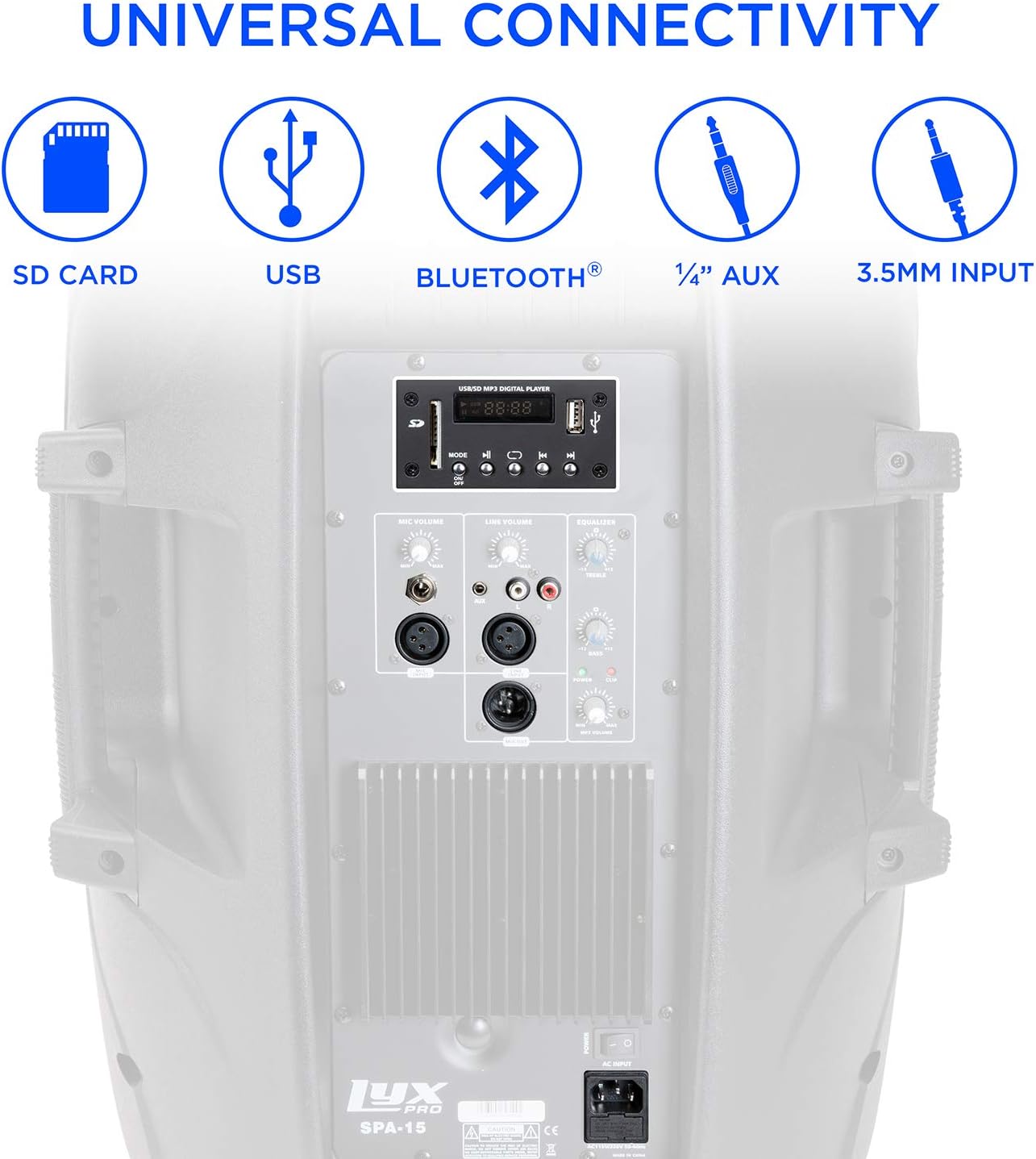 LyxPro 15 Inch PA Active Speaker System Compact and Portable with Equalizer, Bluetooth, MP3, USB, SD Card Slot, XLR, 1/4��, 3.5mm Input, Carry Handles, SPA-15