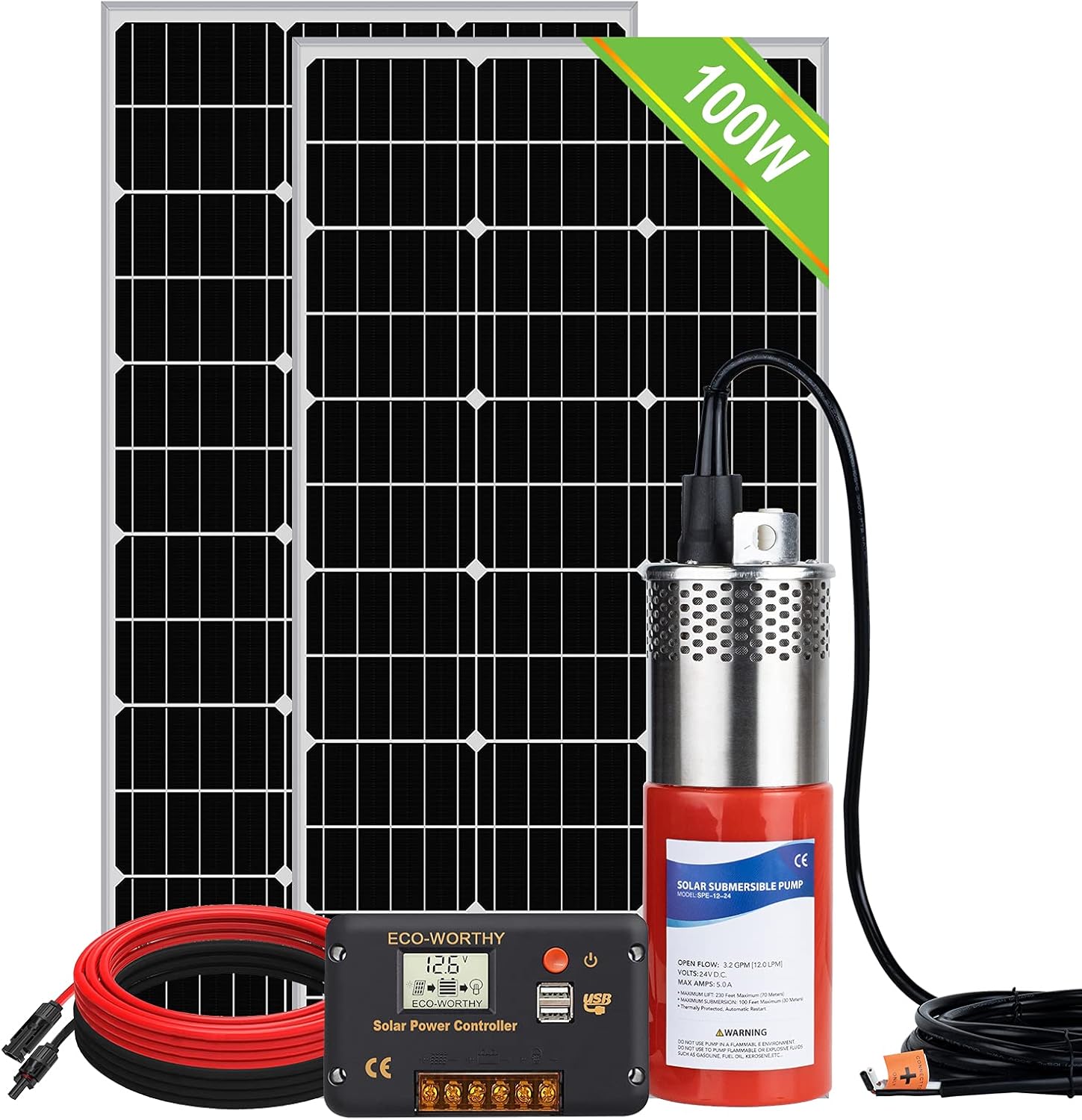 ECO-WORTHY 24V 400W Submersible Solar Well Pump Kit, 3'' Solar Water Pump, 16ft Cable for Off-grid Area Irrigation, Water Supply, Circulation, Garden