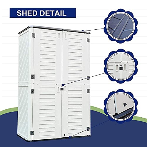 KINYING Outdoor Storage Shed Waterproof, Resin Vertical Outdoor Storage Cabinet for Patio Furniture, Garden Tools, Pool Accessories, Mower Storage (52 Cu.ft, Dark Brown)