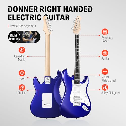 Donner DST-100B 39 Inch Electric Guitar Beginner Kit Solid Body Full Size Black HSS for Starter, with Amplifier, Bag, Digital Tuner, Capo, Strap, String,Cable, Picks