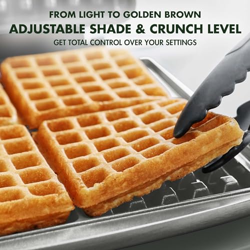 GreenPan Elite 4-Square Belgian & Classic Waffle Iron, Healthy Ceramic Nonstick Aluminum Dishwasher Safe Plates, Adjustable Shade/Crunch Controls, Wont Overflow, Easy Cleanup Breakfast, Cream White