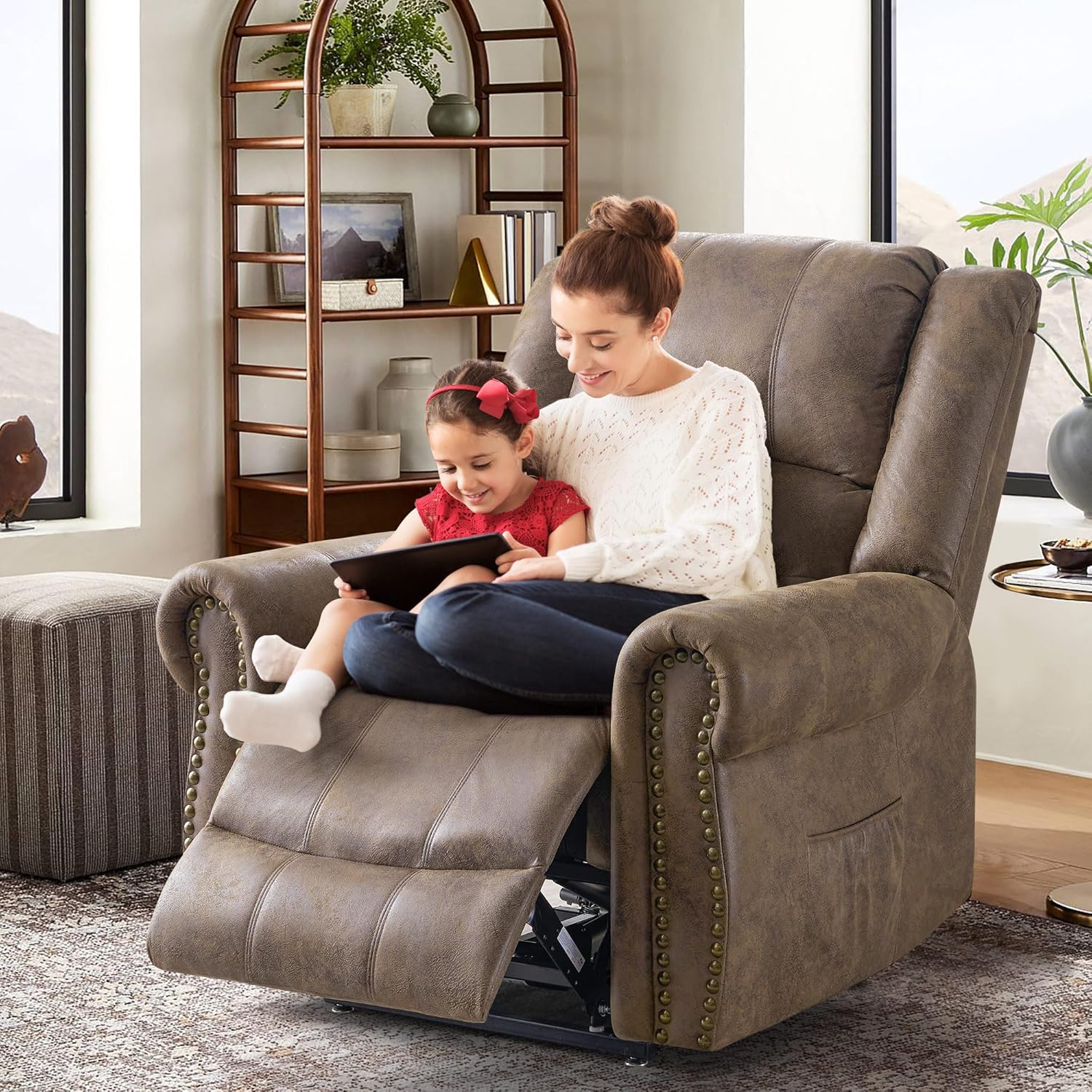 Lay Flat Dual Motor Power Lift Recliner Chair with Massage and Heat for Elderly, Breathable Leather Overstuffed Lift Chairs, Infinite Position Recliner Chairs for Sleeping, 1PC, Light Brown