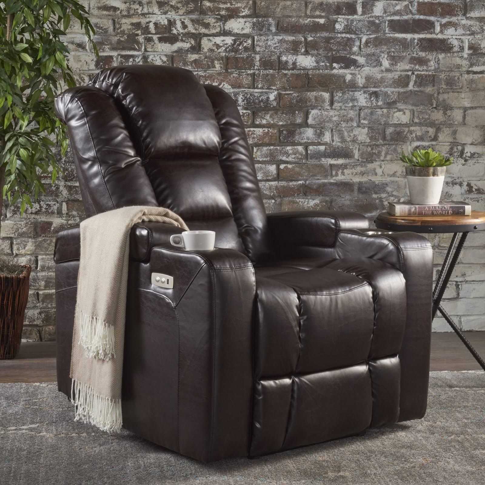 Everette Tufted Brown Leather Power Recliner with Arm Storage and USB