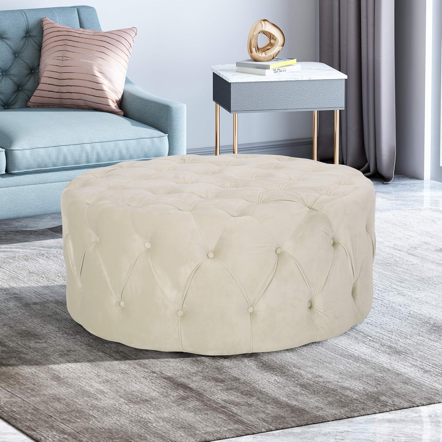 Christopher Knight Home Sabina Round Tufted Velvet Ottoman, Beige