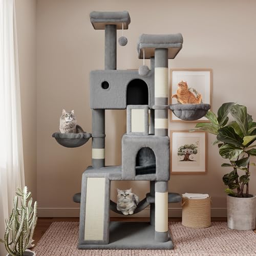 SHA CERLIN 65in Larger Cat Tree Tower Condo for Indoor Cats, Multi-Level Furniture Activity Center with Wide Base/Cozy Plush Cat Perches/Baskets/Sisal Scratching Posts and Hammock/Grey