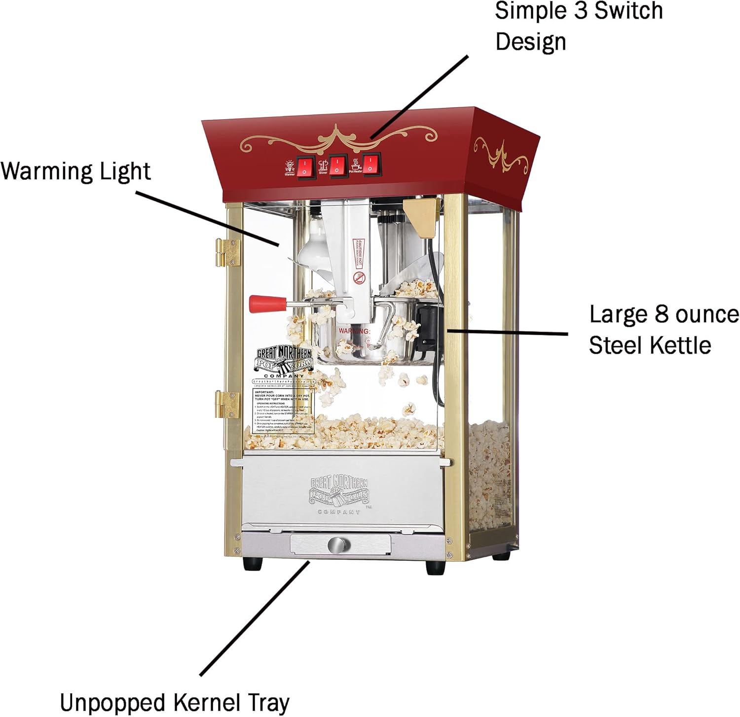 Great Northern Popcorn Matinee Popcorn Machine - Red, 8oz, (469326PCG)
