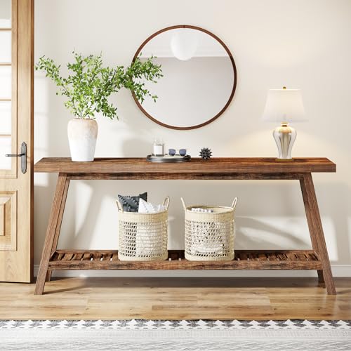 70.9 Inches Extra Long Console Table for Entryway, 2-Tier Narrow Wood Sofa Table Behind Couch, Large Sofa Table for Living Room, Rustic Brown Foyer Hallway Entry Table