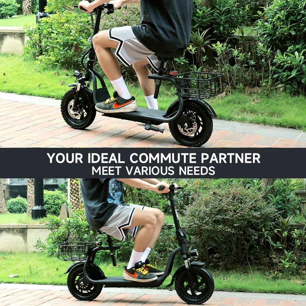 Adult Electric Scooter with Seat & Carry Basket, New Upgraded 500W 36V Up to 19 Mph- LCD Display-Moped for Adults-Foldable-Oversized Soft Seat-Dual Shock Absorption E-Bike